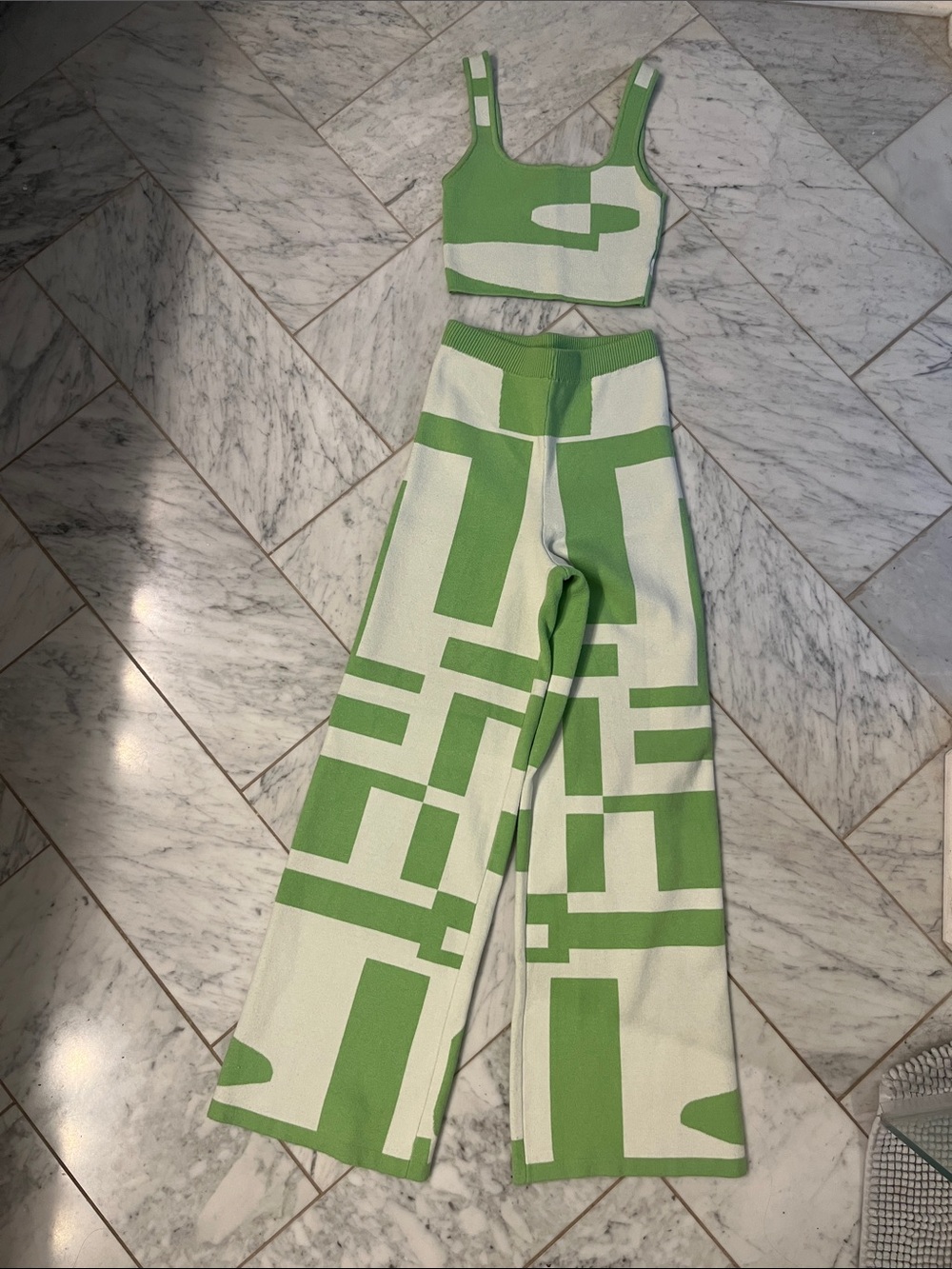 Princess Polly Green & Cream Graphic Knit Wide-Leg Pants and Top